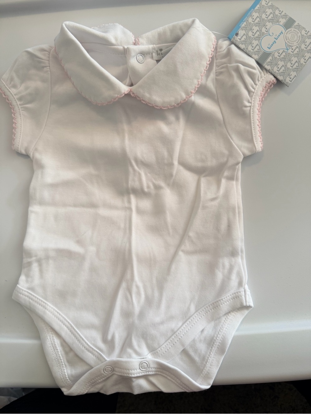 Kissy Kissy Pima Cotton White Baby One-Piece with Pink Trim NWT
